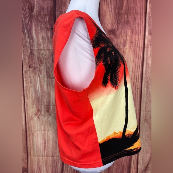 Catalina orange yellow black palm tree print cotton tank top size L 12/14 - Picture 5 of 10